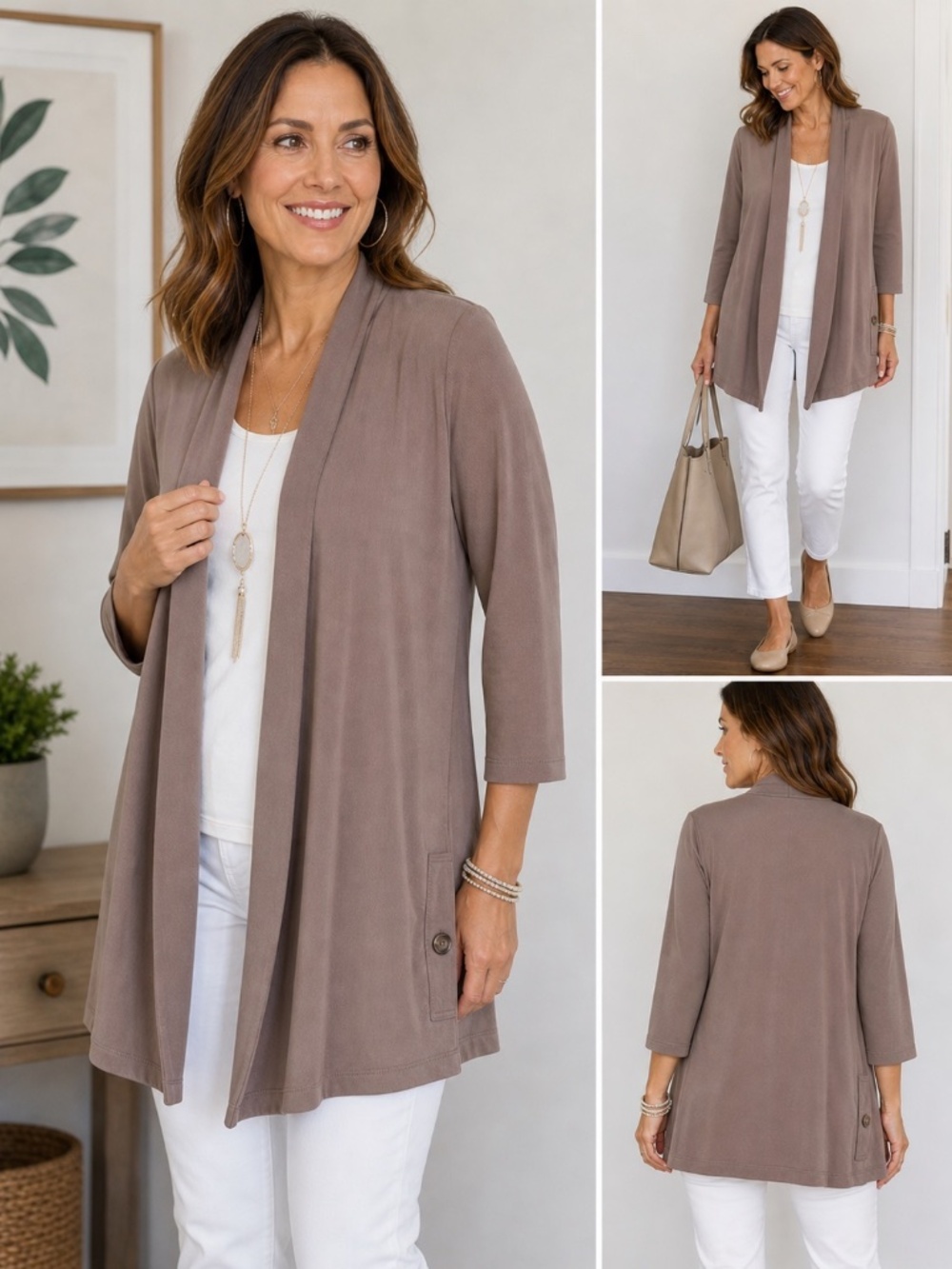 Chico’s Easy Wear Taupe Open Front Cardigan Size 1 (M) Stretch